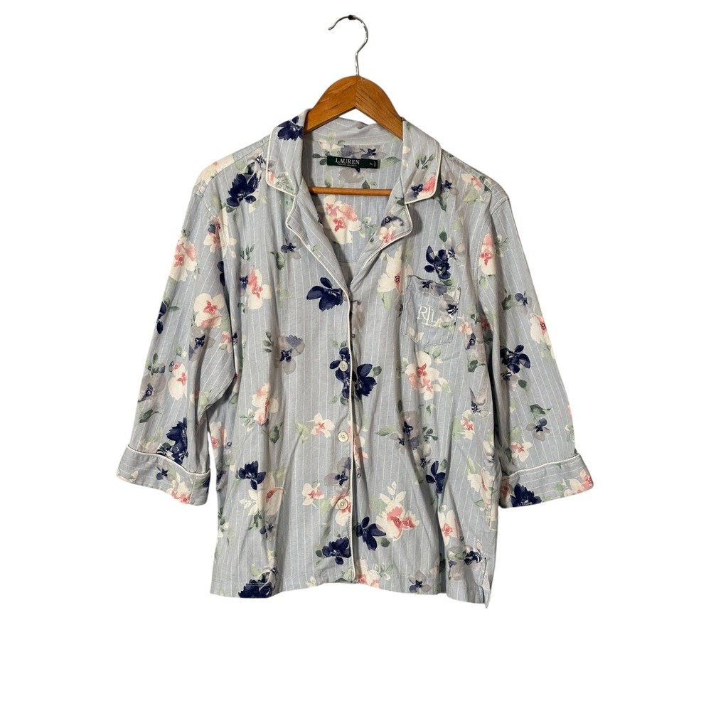 Lauren Ralph Lauren Floral Striped Cotton Pajama Top Blue XL Button Front Sleep